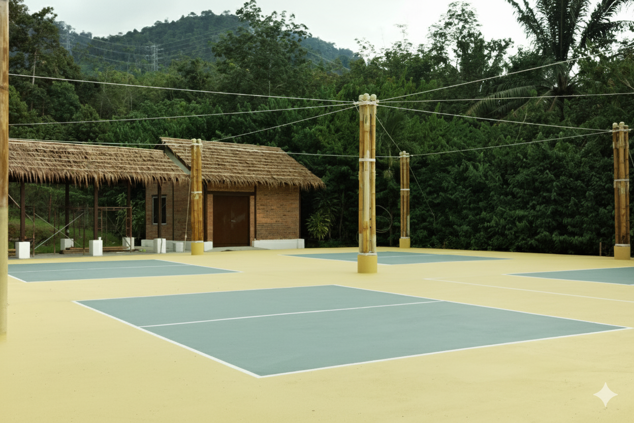 Pickleball court with bamboo shade support columns